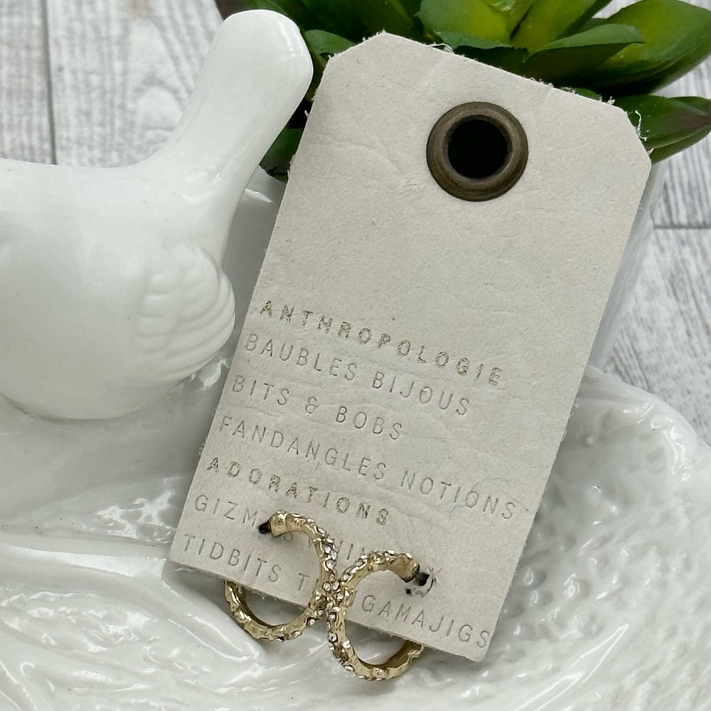 Anthropologie Gold Rhinestone Small Dainty Huggie Hoop Earrings